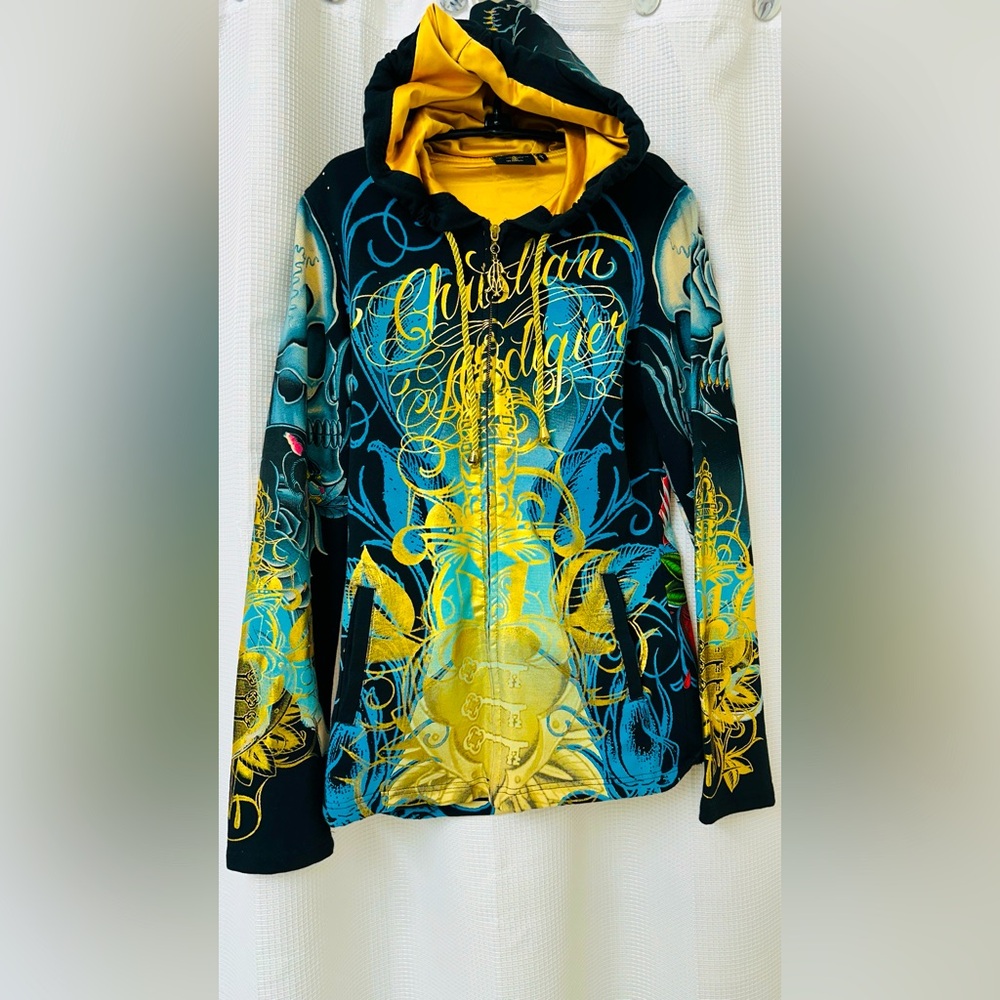Vintage Christian Audigier hoodie. Rhinestones. Comfy satin inside